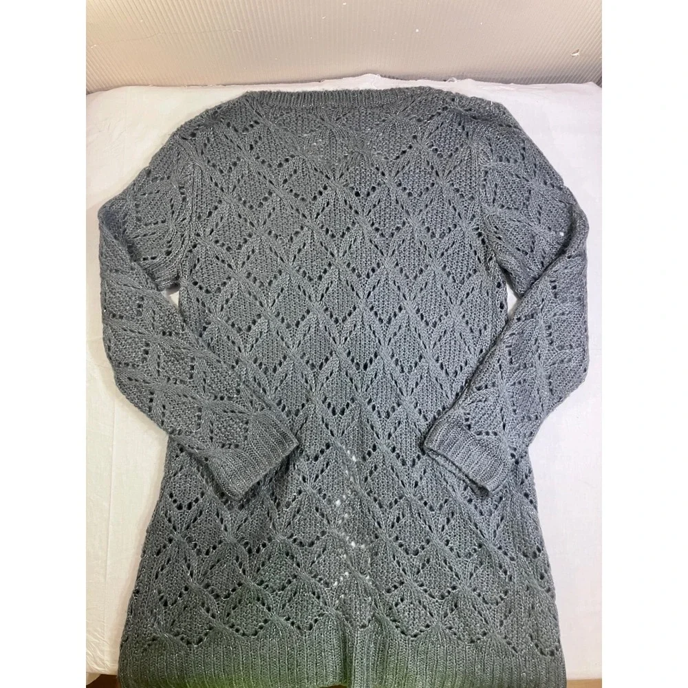 Michelle Nicole Gray‎ Wool Blend Pointelle Knit Open Front Duster Cardigan Large